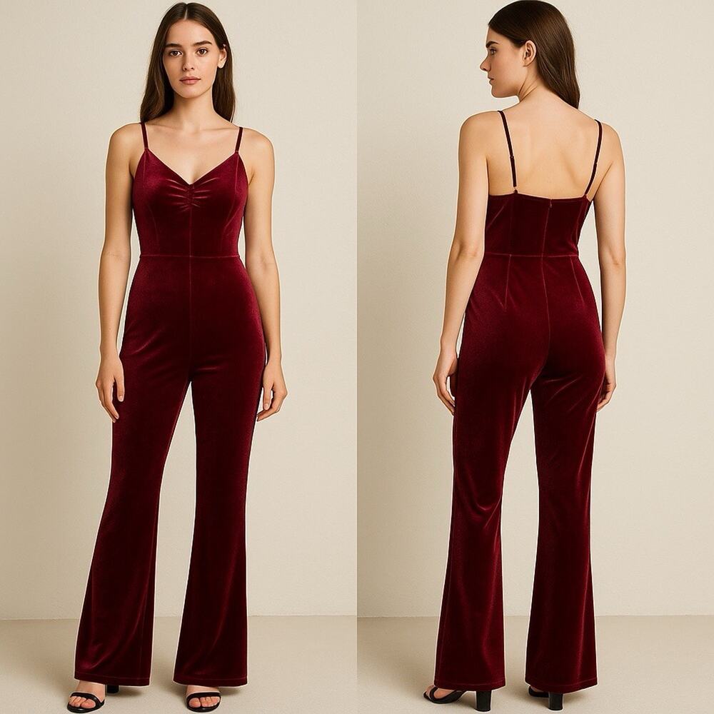 BY THE WAY Burgundy Velvet Wide Leg Romper Women’s Size M Jumpsuit Holiday Party